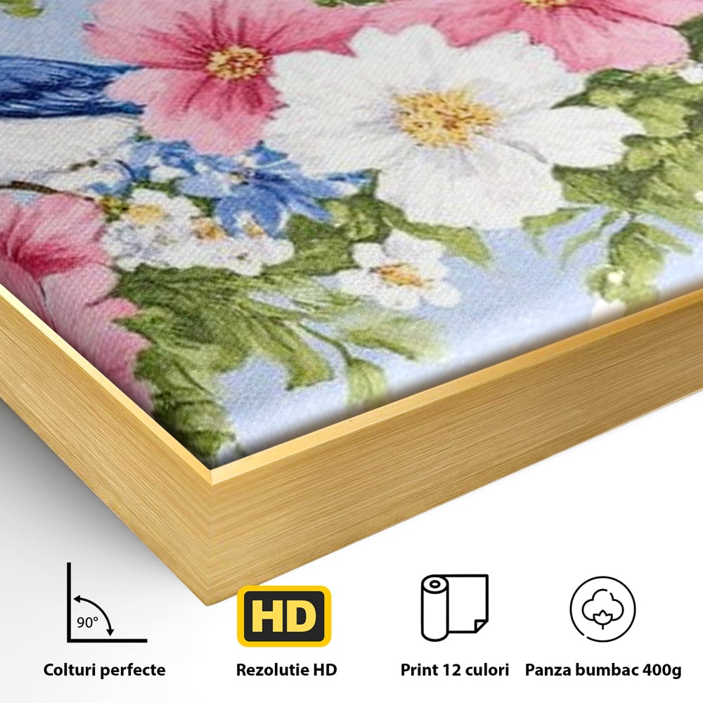 Detaliu al suprafetei: tablou canvas cu pasari si flori pastel, in rama de aluminiu auriu