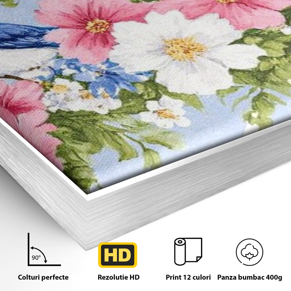 Detaliu al suprafetei: tablou canvas cu pasari si flori pastel, in rama de aluminiu argintiu