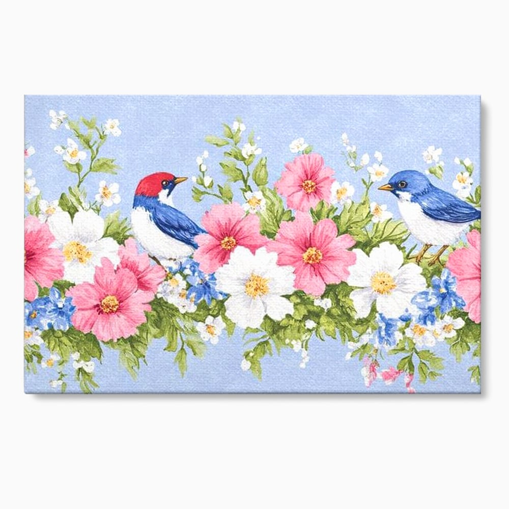 Tablou canvas cu tablou canvas cu pasari si flori pastel, fara rama, pe sasiu de lemn
