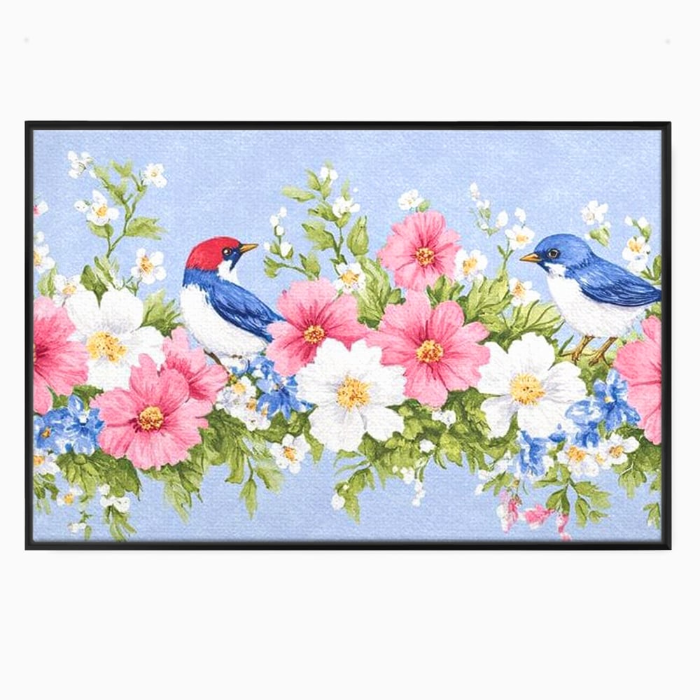 Tablou canvas cu tablou canvas cu pasari si flori pastel, in rama de aluminiu negru