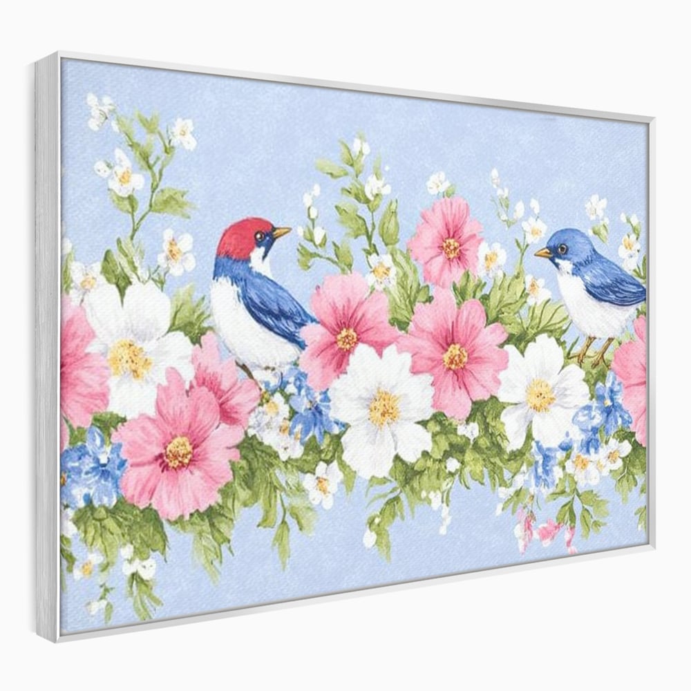 Tablou canvas cu tablou canvas cu pasari si flori pastel, in rama de aluminiu argintiu