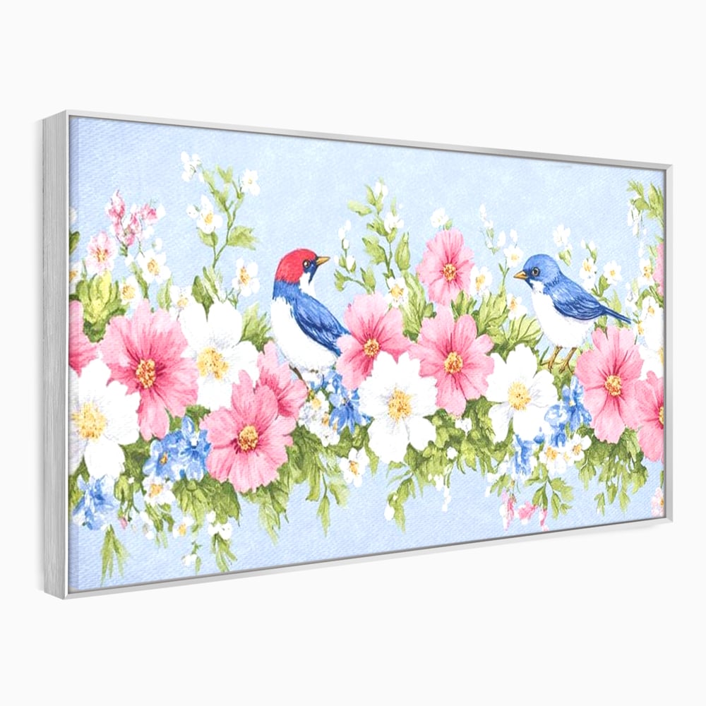 Tablou canvas cu tablou canvas cu pasari si flori pastel, in rama de aluminiu argintiu