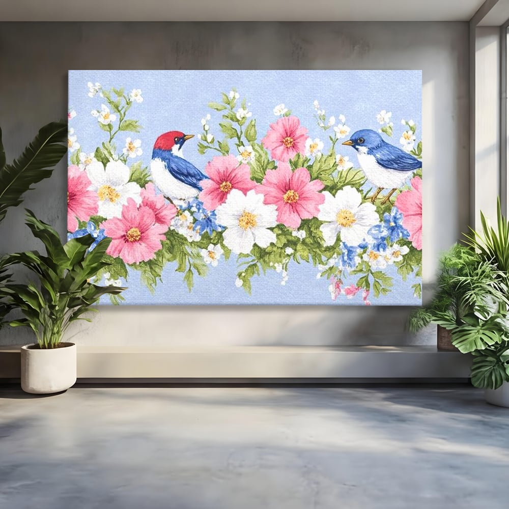 Tablou canvas cu tablou canvas cu pasari si flori pastel, fara rama, pe sasiu de lemn