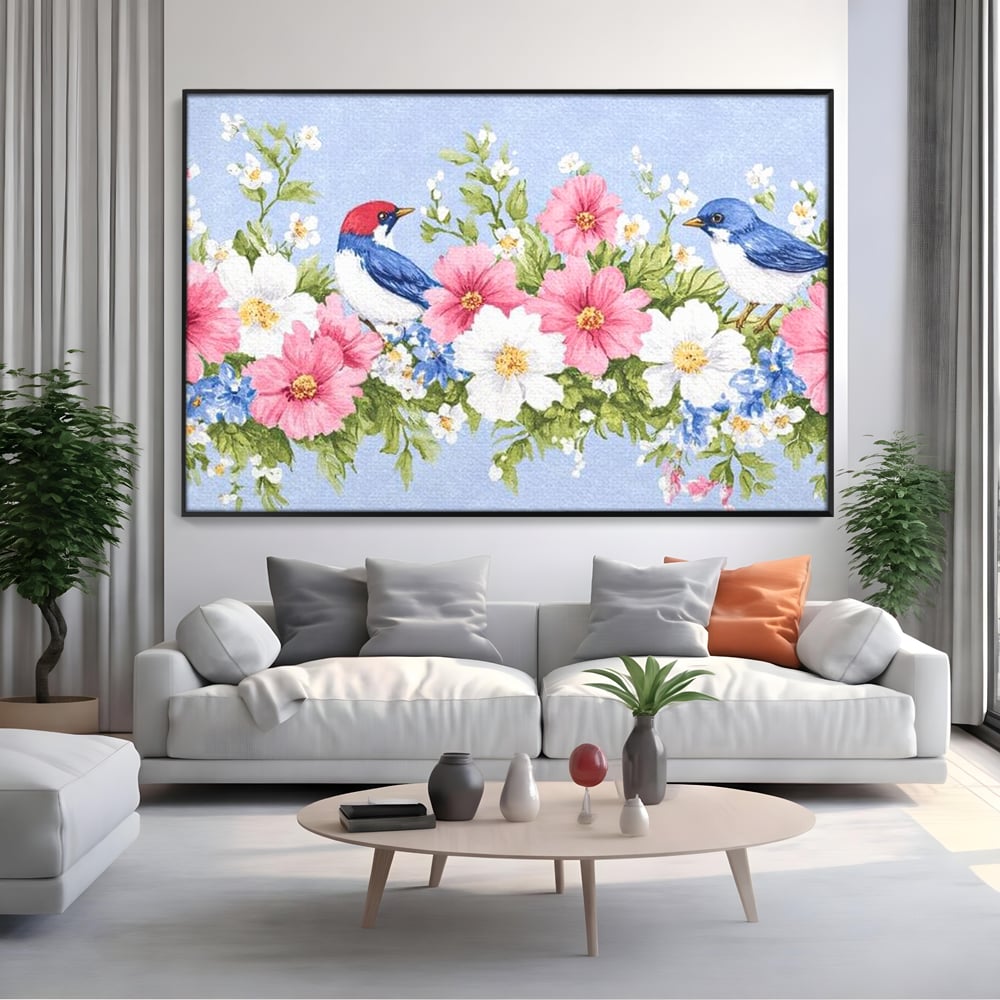 Tablou canvas cu tablou canvas cu pasari si flori pastel, in rama de aluminiu negru, pe perete intr-un living