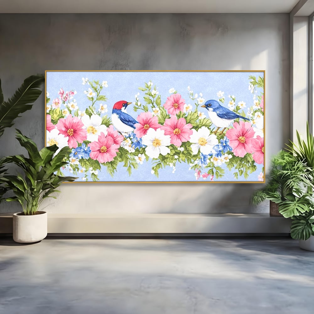 Tablou canvas cu tablou canvas cu pasari si flori pastel, in rama de aluminiu auriu