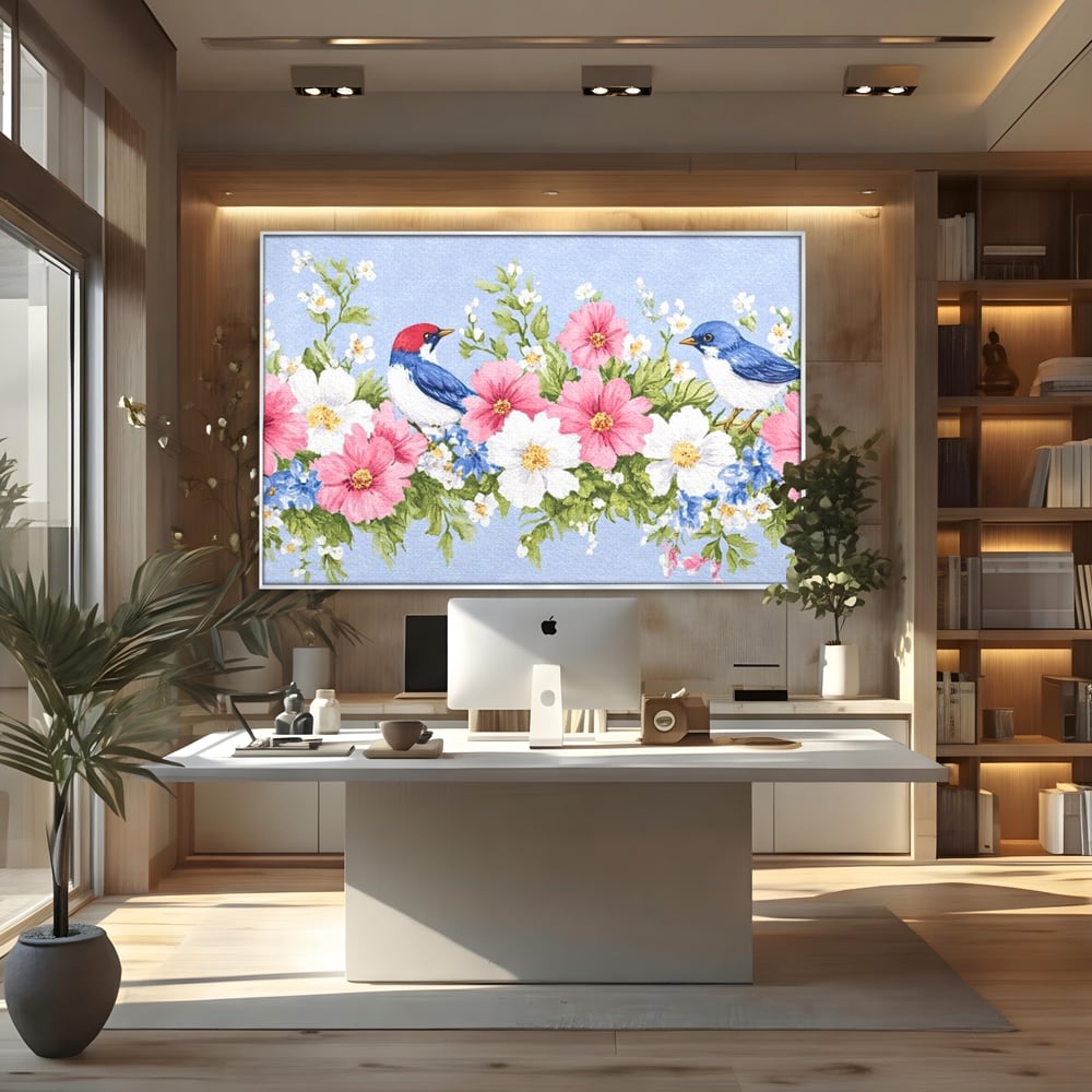 Tablou canvas cu tablou canvas cu pasari si flori pastel, in rama de aluminiu argintiu, pe perete intr-un birou
