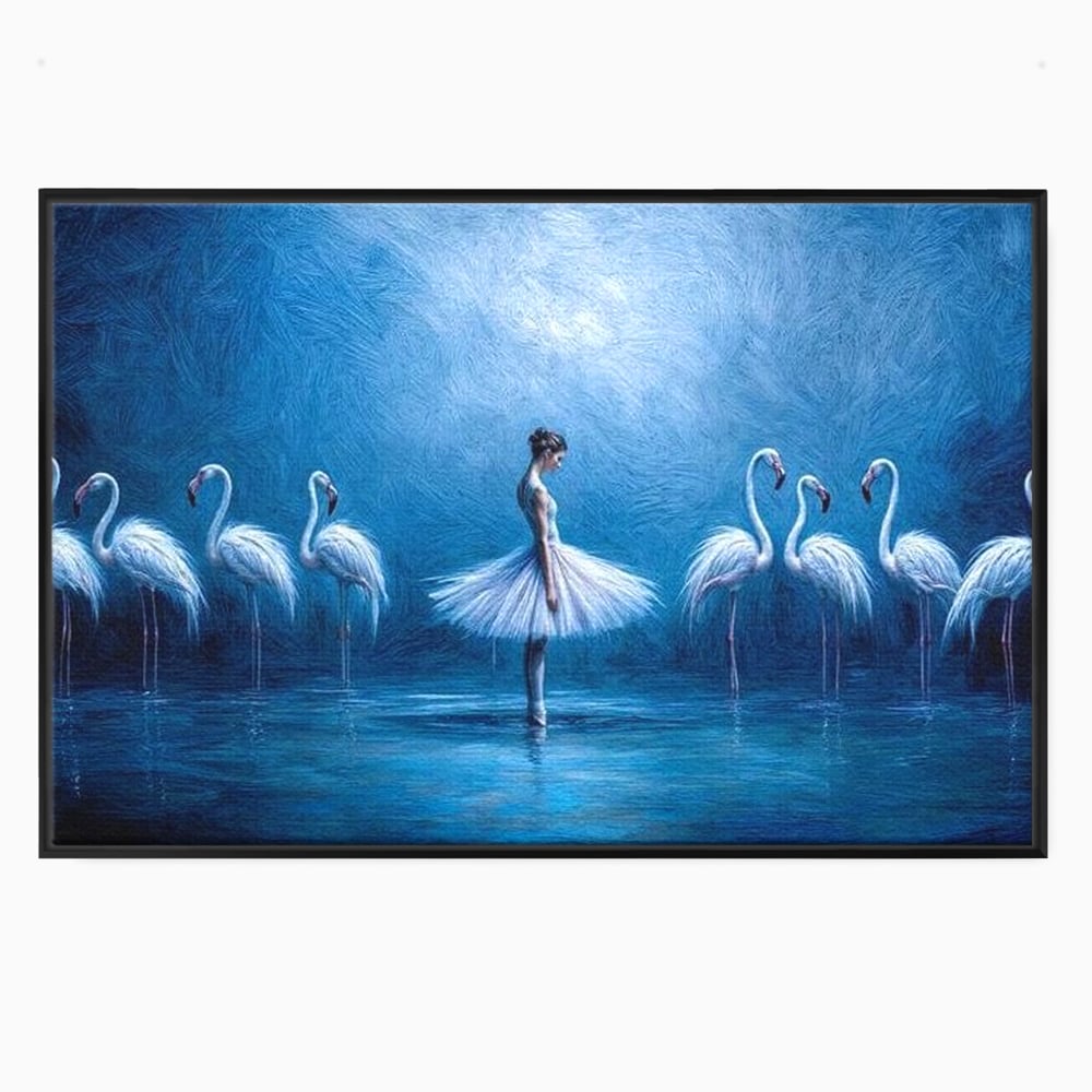 Tablou canvas cu tablou canvas cu balerina si flamingo, in rama de aluminiu negru