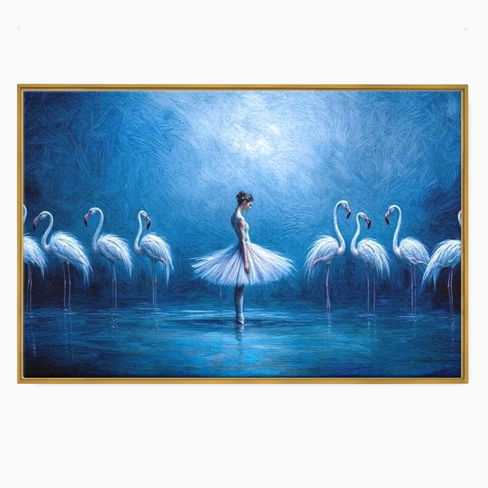 Tablou canvas cu tablou canvas cu balerina si flamingo, in rama de aluminiu auriu