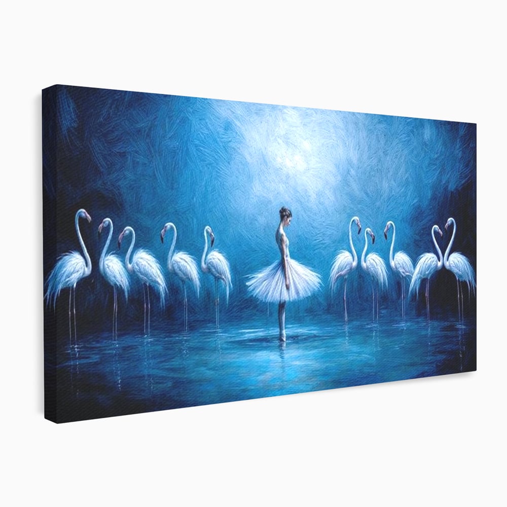 Tablou canvas cu tablou canvas cu balerina si flamingo, fara rama, pe sasiu de lemn