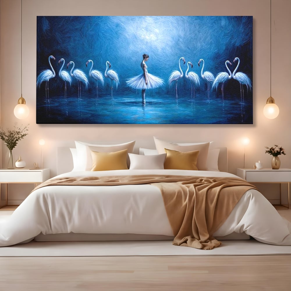 Tablou canvas cu tablou canvas cu balerina si flamingo, fara rama, pe sasiu de lemn, pe perete intr-un dormitor