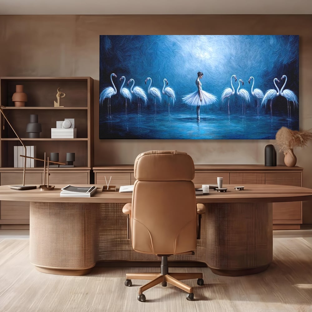 Tablou canvas cu tablou canvas cu balerina si flamingo, fara rama, pe sasiu de lemn, pe perete intr-un birou