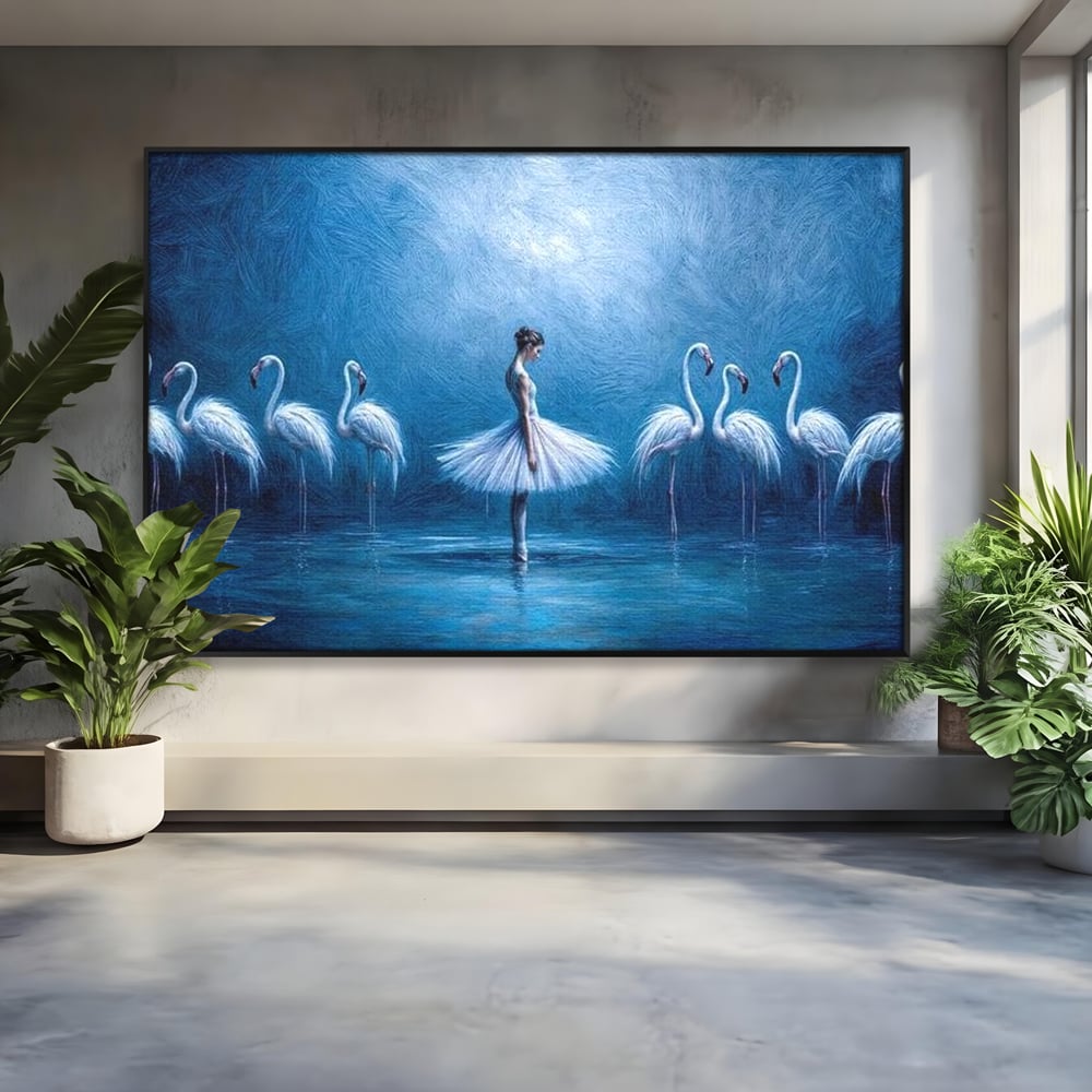 Tablou canvas cu tablou canvas cu balerina si flamingo, in rama de aluminiu negru