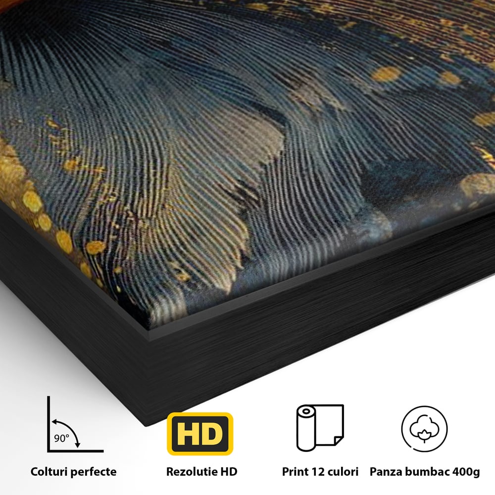 Detaliu al suprafetei: tablou canvas cu vultur in profil, in rama de aluminiu negru