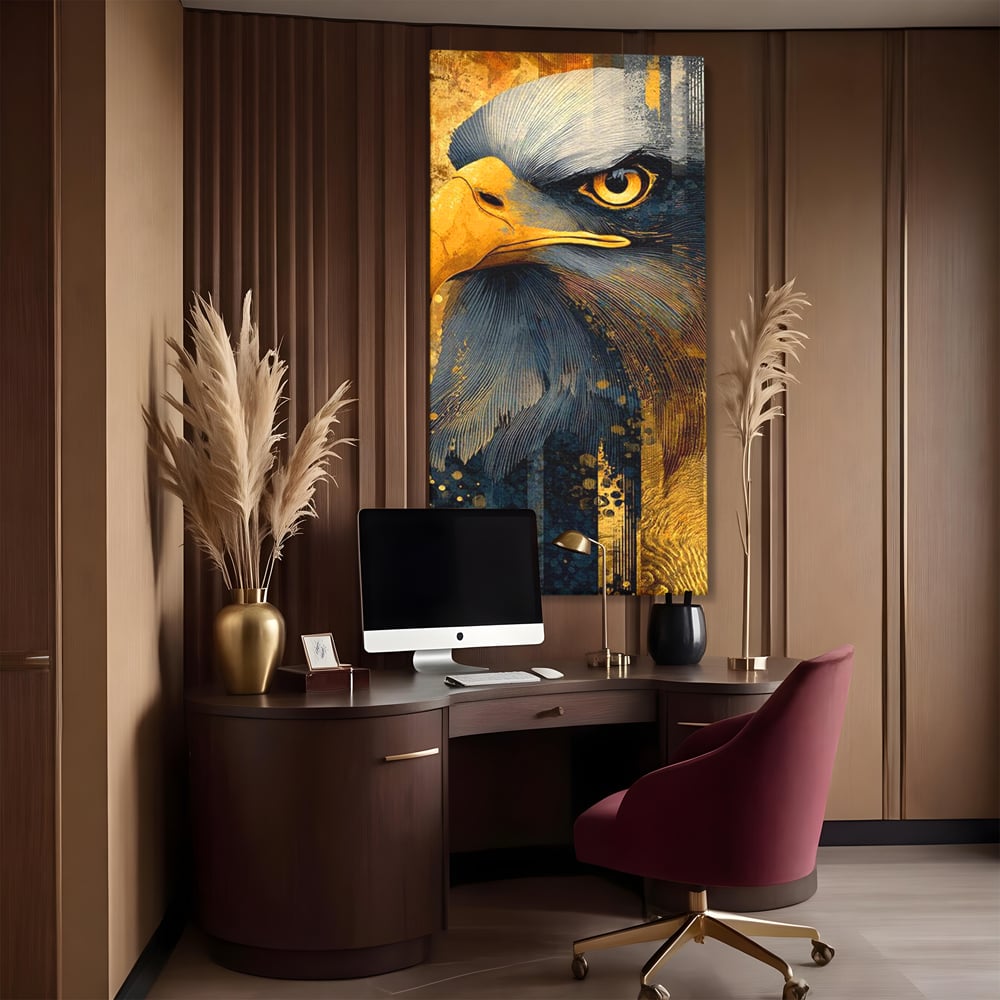 Tablou canvas cu tablou canvas cu vultur in profil, fara rama, pe sasiu de lemn, pe perete intr-un birou