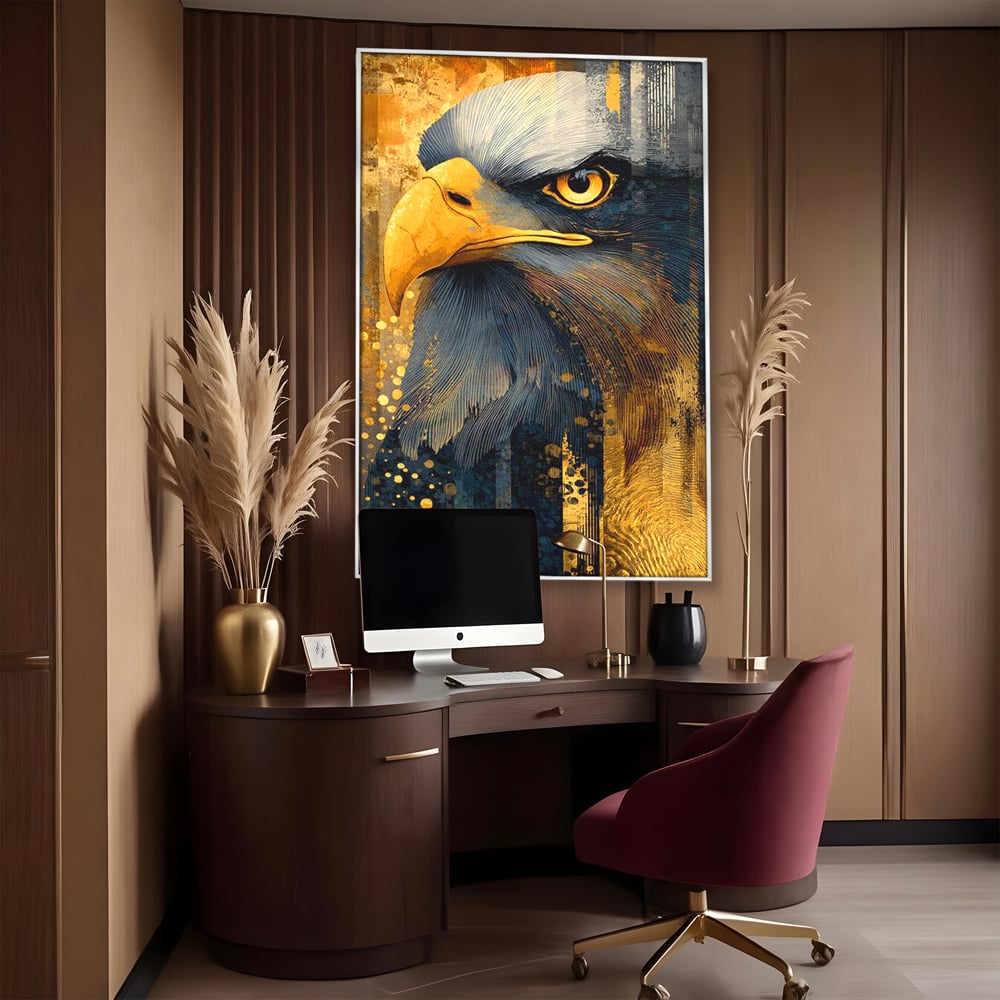 Tablou canvas cu tablou canvas cu vultur in profil, in rama de aluminiu argintiu, pe perete intr-un birou