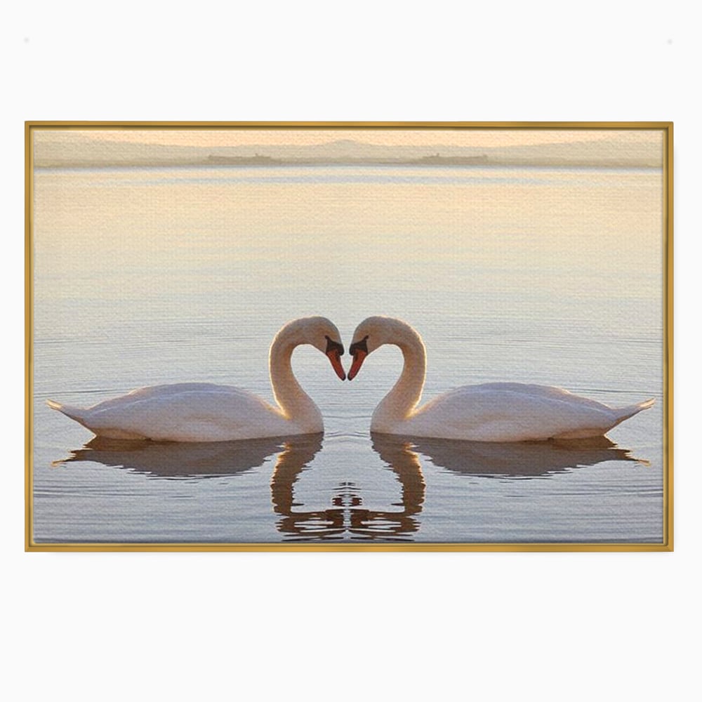 Tablou canvas cu tablou canvas cu lebede pe lac, in rama de aluminiu auriu
