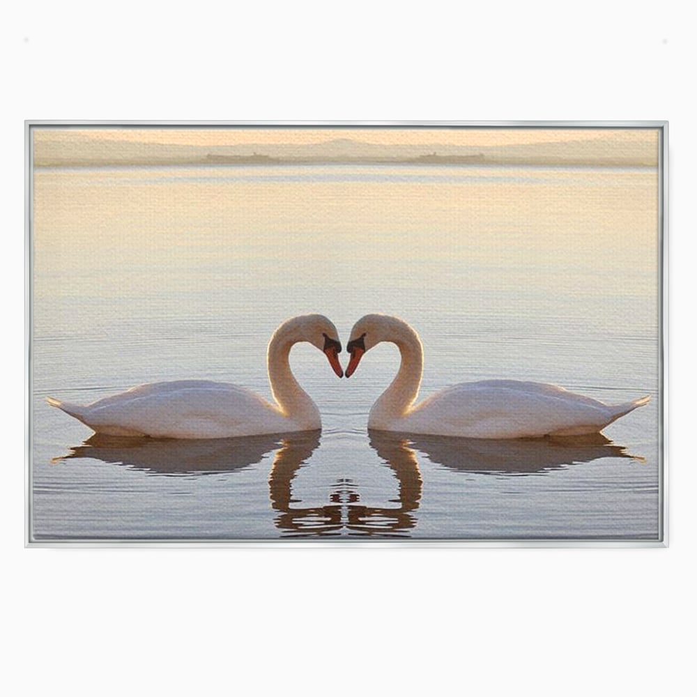 Tablou canvas cu tablou canvas cu lebede pe lac, in rama de aluminiu argintiu
