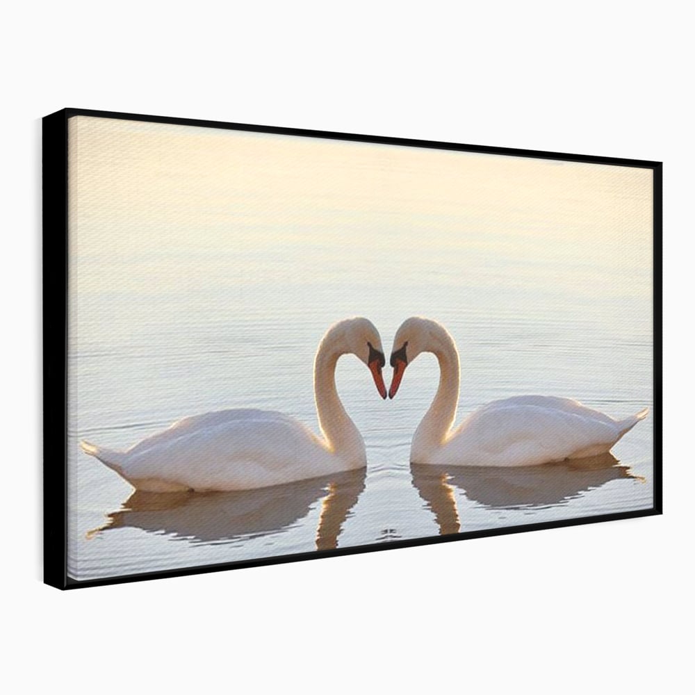 Tablou canvas cu tablou canvas cu lebede pe lac, in rama de aluminiu negru