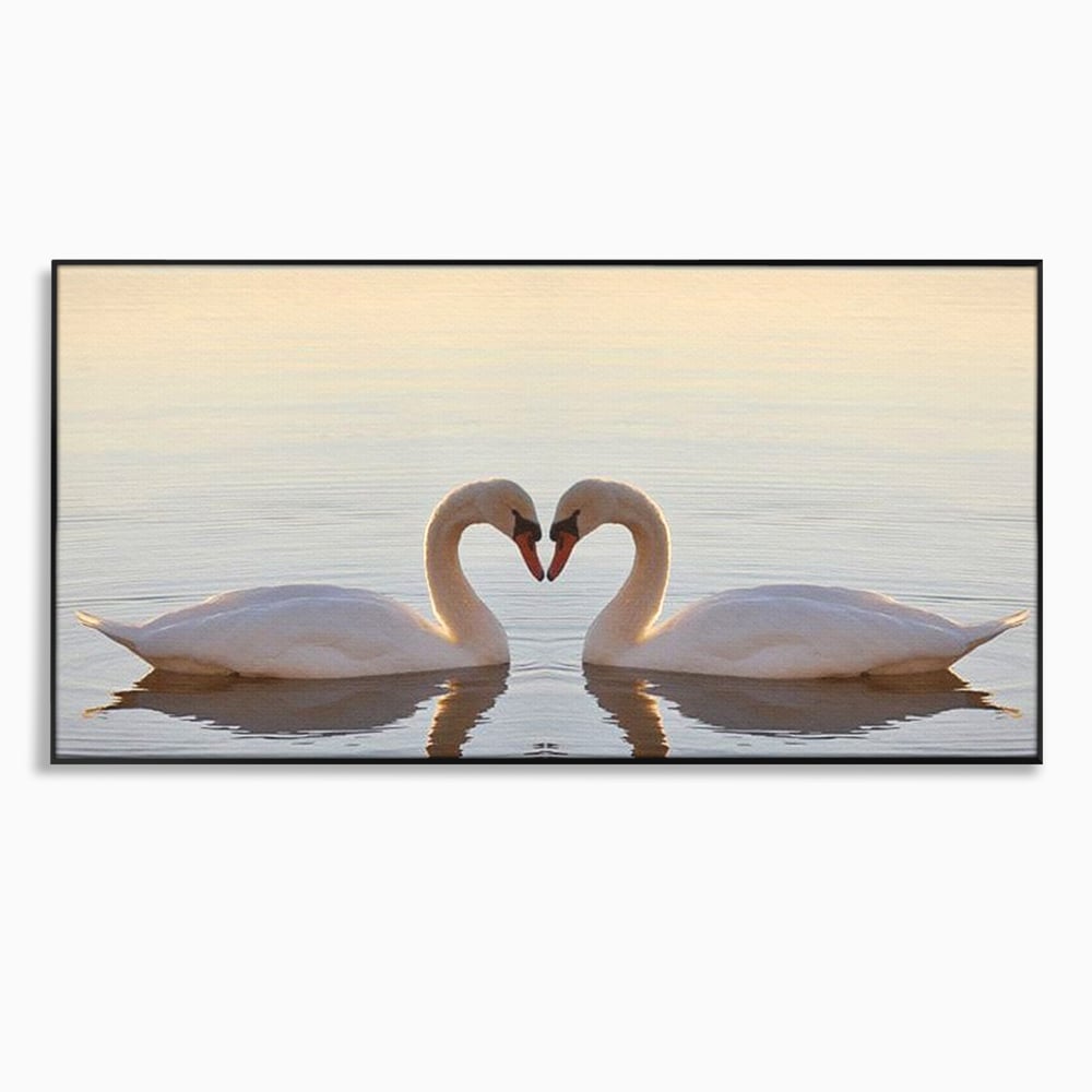 Tablou canvas cu tablou canvas cu lebede pe lac, in rama de aluminiu negru