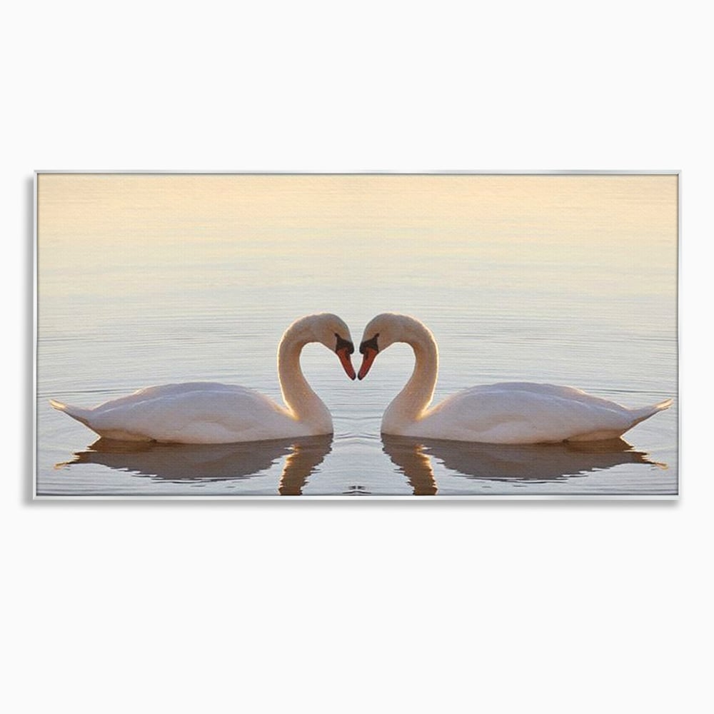 Tablou canvas cu tablou canvas cu lebede pe lac, in rama de aluminiu argintiu