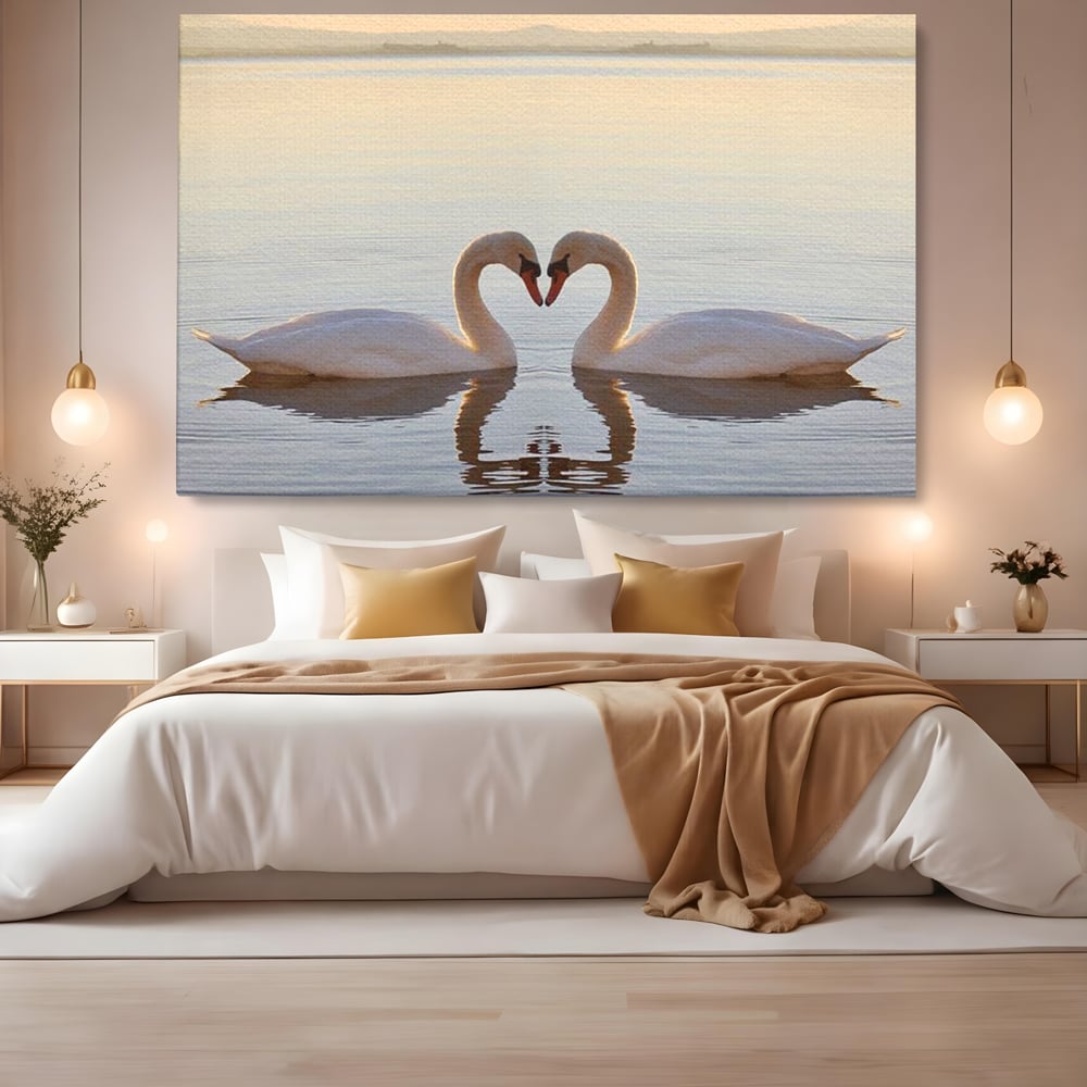 Tablou canvas cu tablou canvas cu lebede pe lac, fara rama, pe sasiu de lemn, pe perete intr-un dormitor