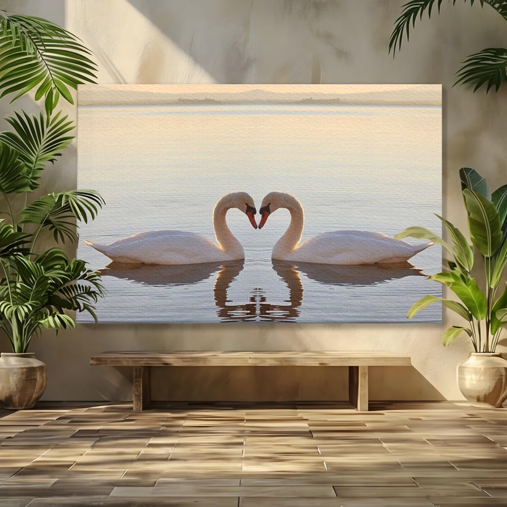 Tablou canvas cu tablou canvas cu lebede pe lac, fara rama, pe sasiu de lemn