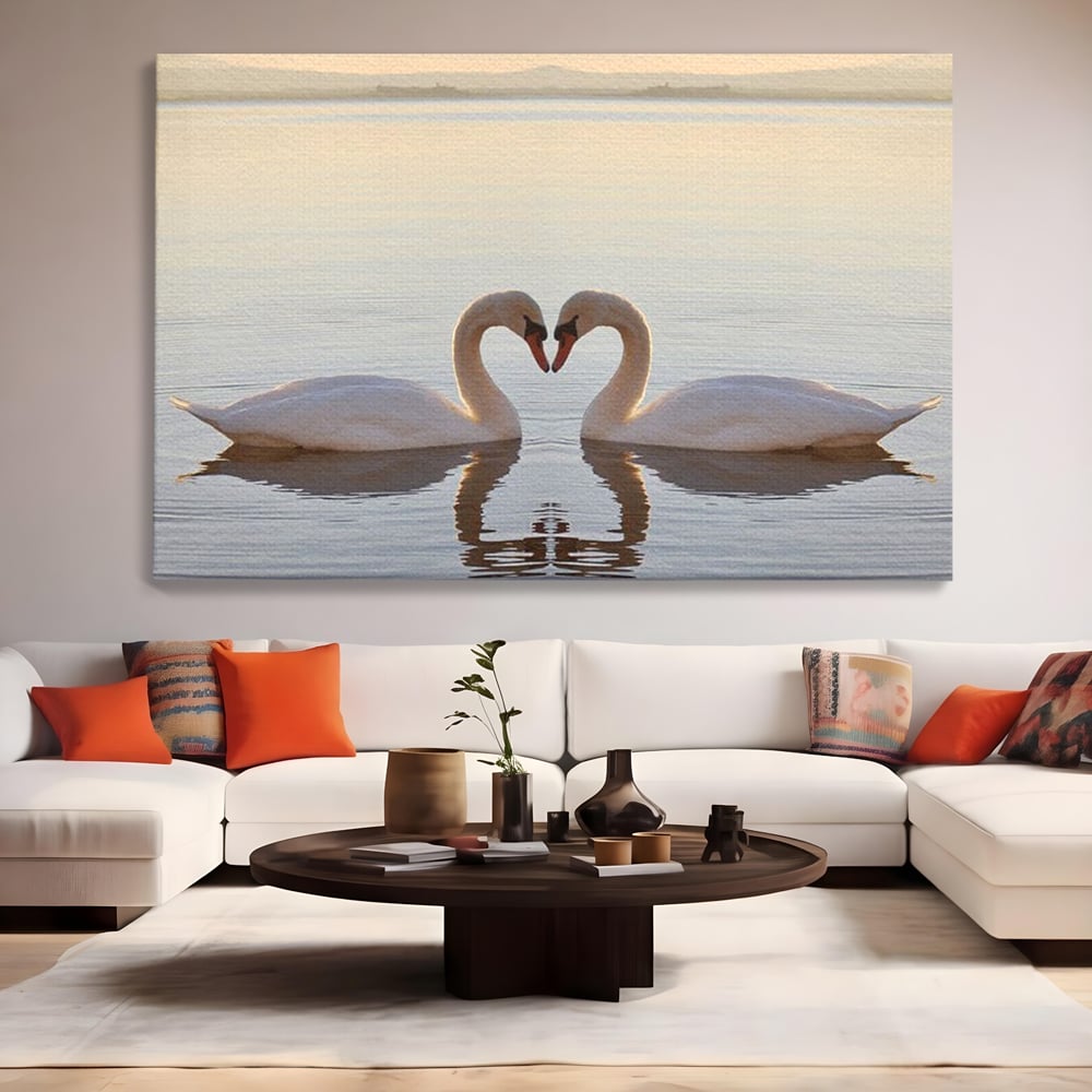 Tablou canvas cu tablou canvas cu lebede pe lac, fara rama, pe sasiu de lemn, pe perete intr-un living