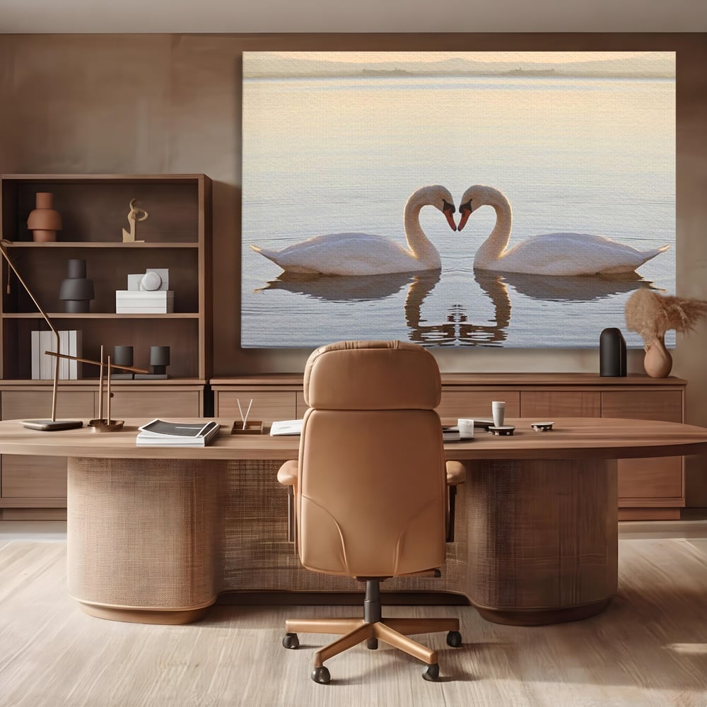 Tablou canvas cu tablou canvas cu lebede pe lac, fara rama, pe sasiu de lemn, pe perete intr-un birou