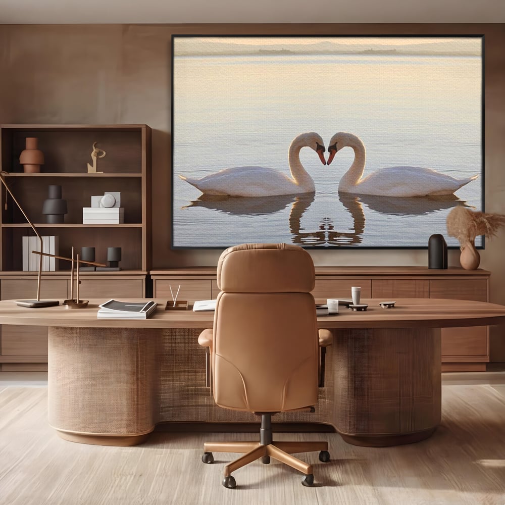 Tablou canvas cu tablou canvas cu lebede pe lac, in rama de aluminiu negru, pe perete intr-un birou