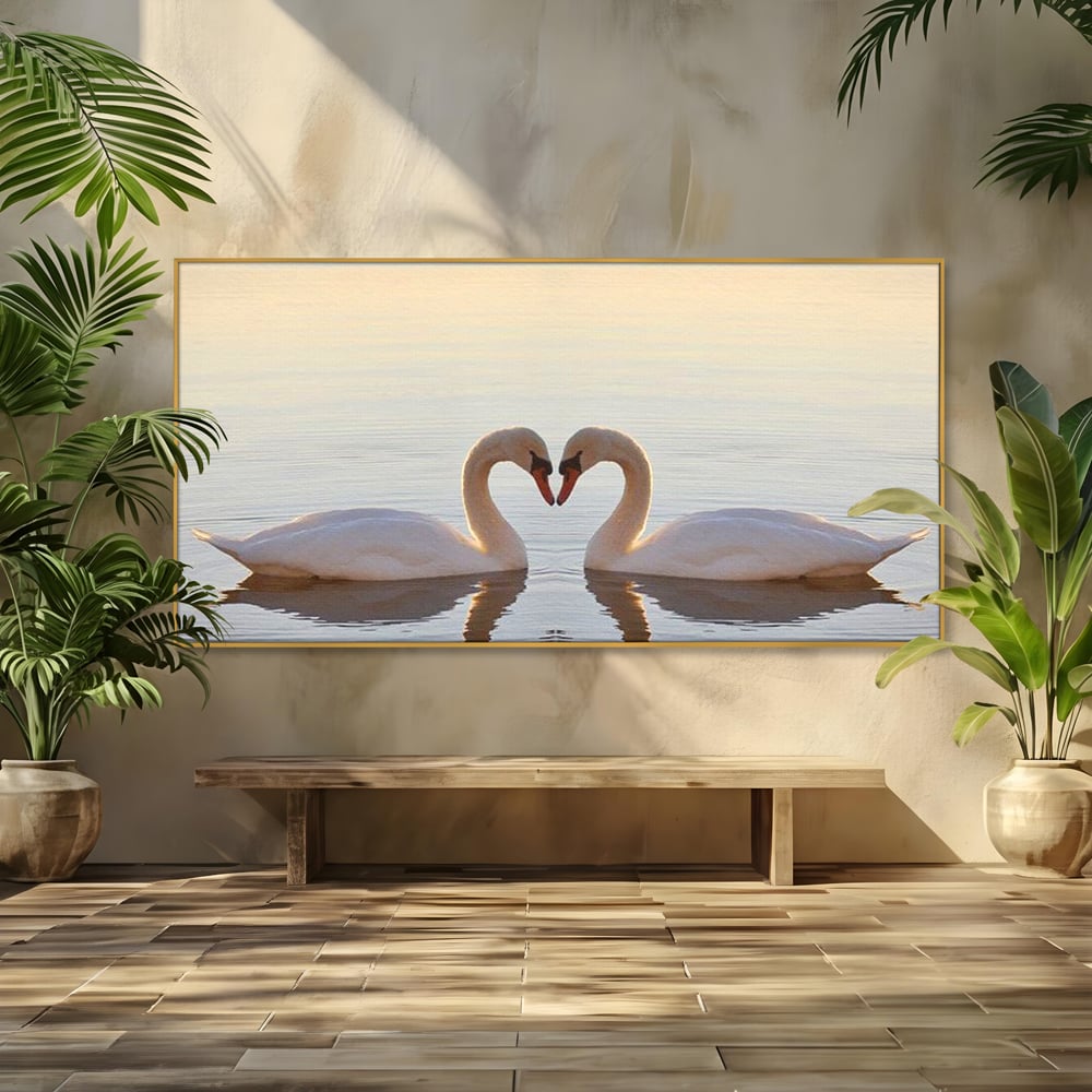 Tablou canvas cu tablou canvas cu lebede pe lac, in rama de aluminiu auriu