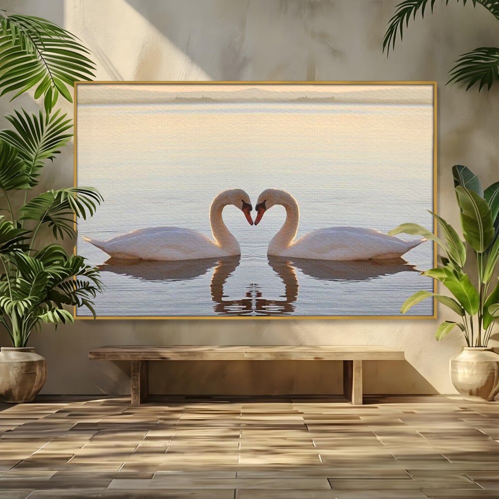 Tablou canvas cu tablou canvas cu lebede pe lac, in rama de aluminiu auriu