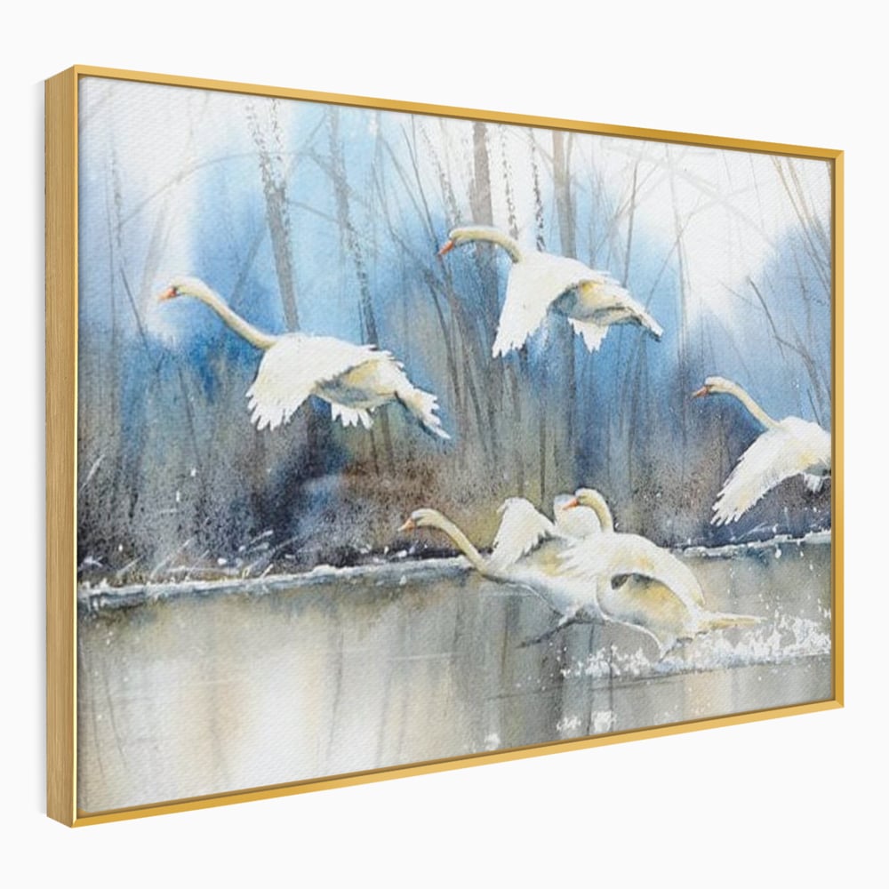 Tablou canvas cu pictura cu lebede pe apa, in rama de aluminiu auriu