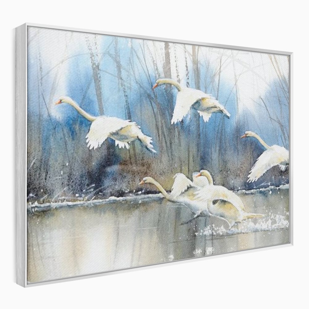 Tablou canvas cu pictura cu lebede pe apa, in rama de aluminiu argintiu