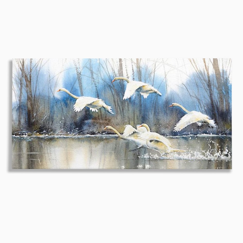 Tablou canvas cu pictura cu lebede pe apa, fara rama, pe sasiu de lemn