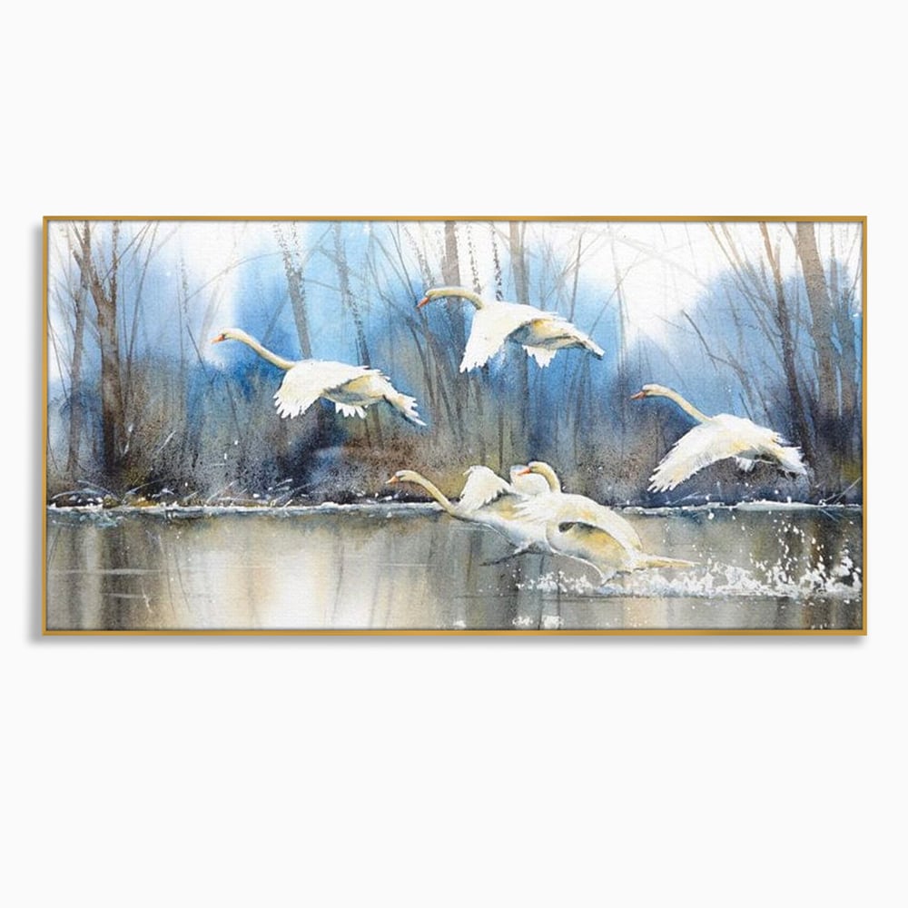 Tablou canvas cu pictura cu lebede pe apa, in rama de aluminiu auriu
