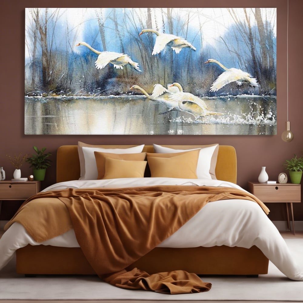 Tablou canvas cu pictura cu lebede pe apa, fara rama, pe sasiu de lemn, pe perete intr-un dormitor