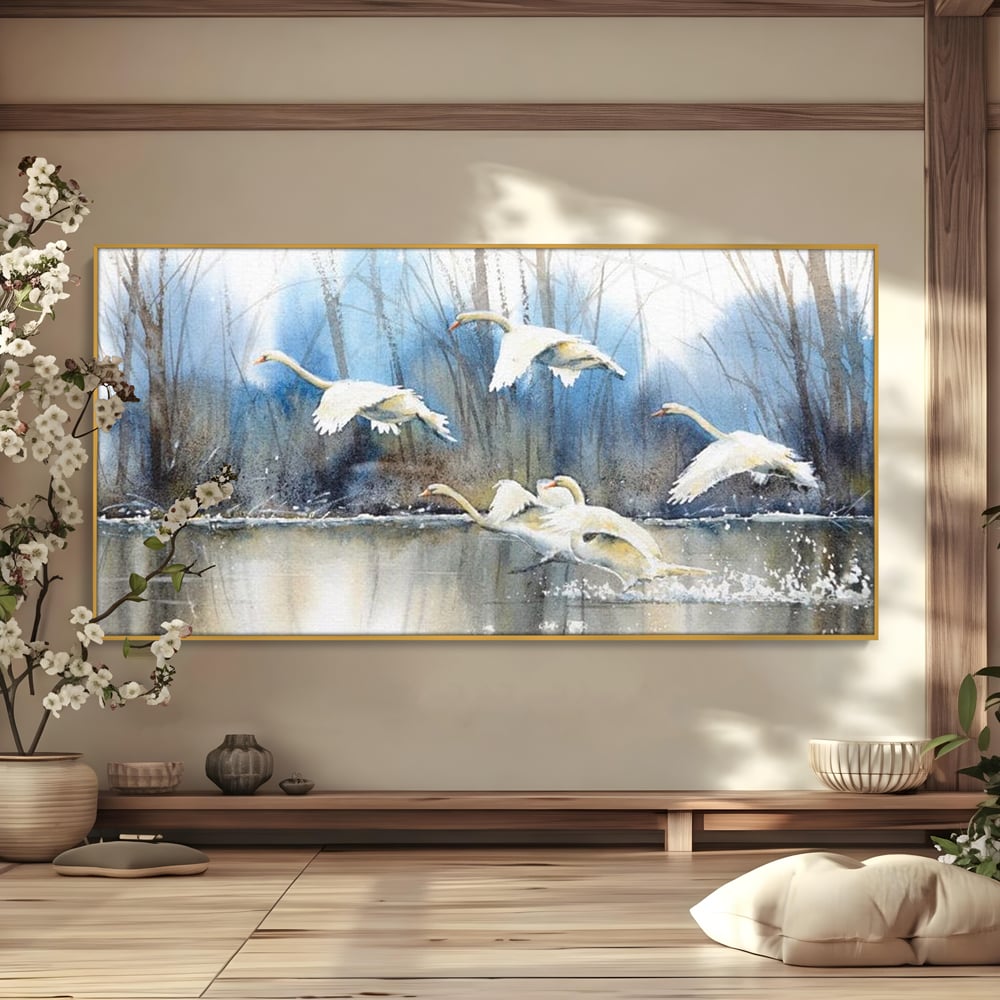 Tablou canvas cu pictura cu lebede pe apa, in rama de aluminiu auriu