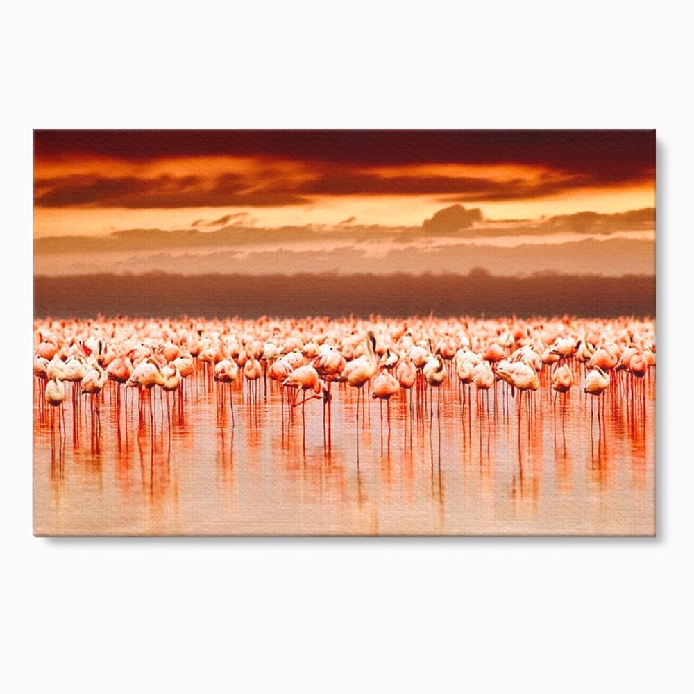 Tablou canvas cu tablou canvas cu stol de flamingo la apus, fara rama, pe sasiu de lemn