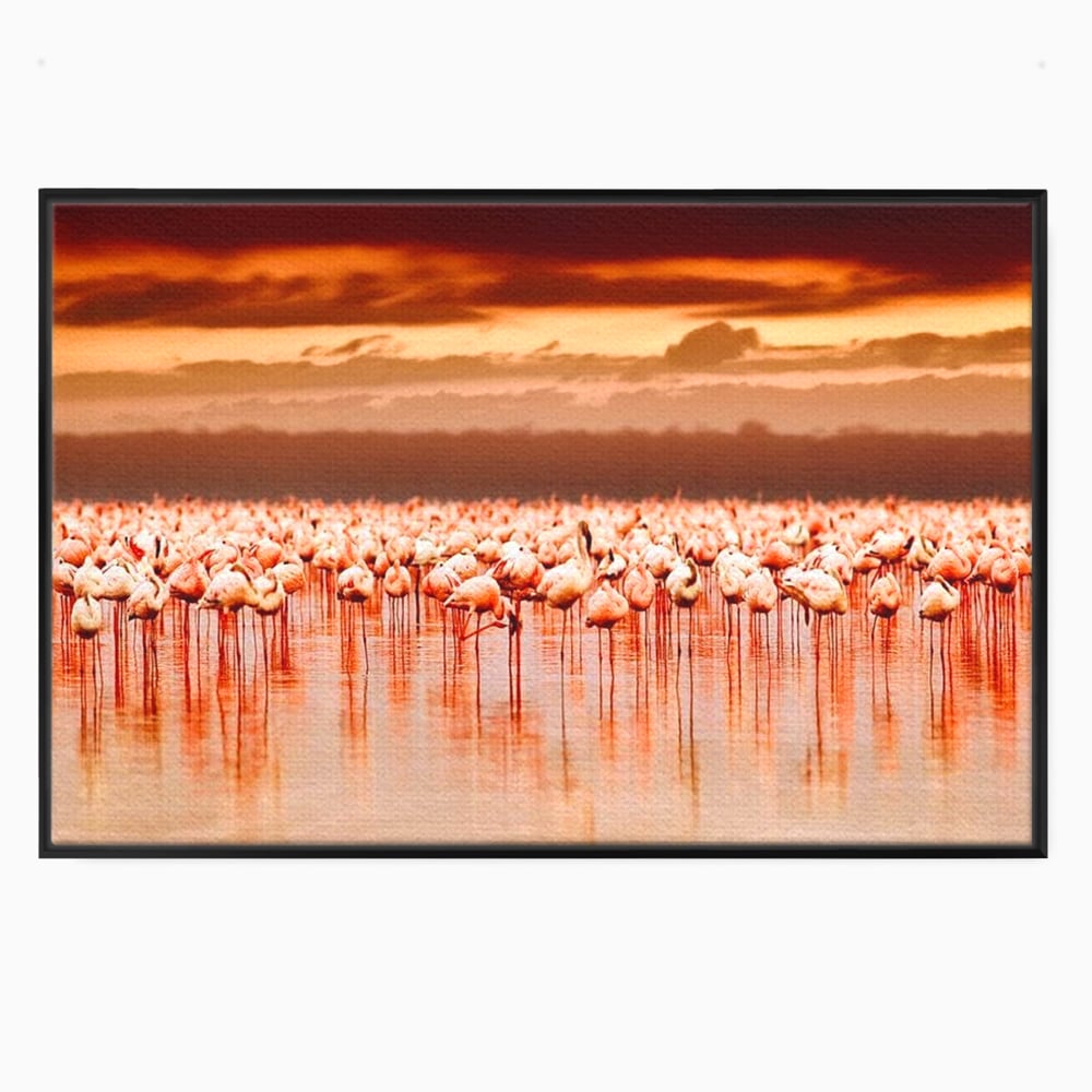 Tablou canvas cu tablou canvas cu stol de flamingo la apus, in rama de aluminiu negru