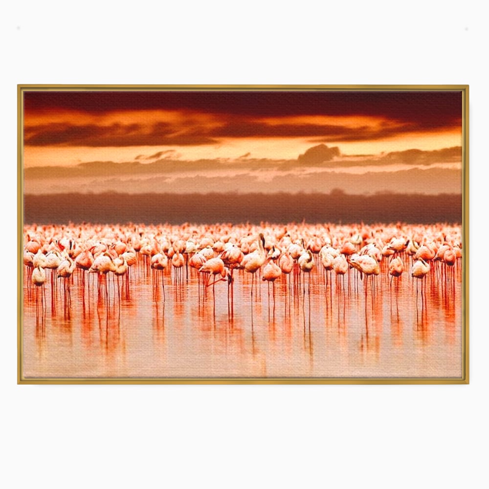 Tablou canvas cu tablou canvas cu stol de flamingo la apus, in rama de aluminiu auriu