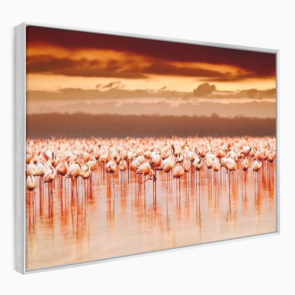 Tablou canvas cu tablou canvas cu stol de flamingo la apus, in rama de aluminiu argintiu