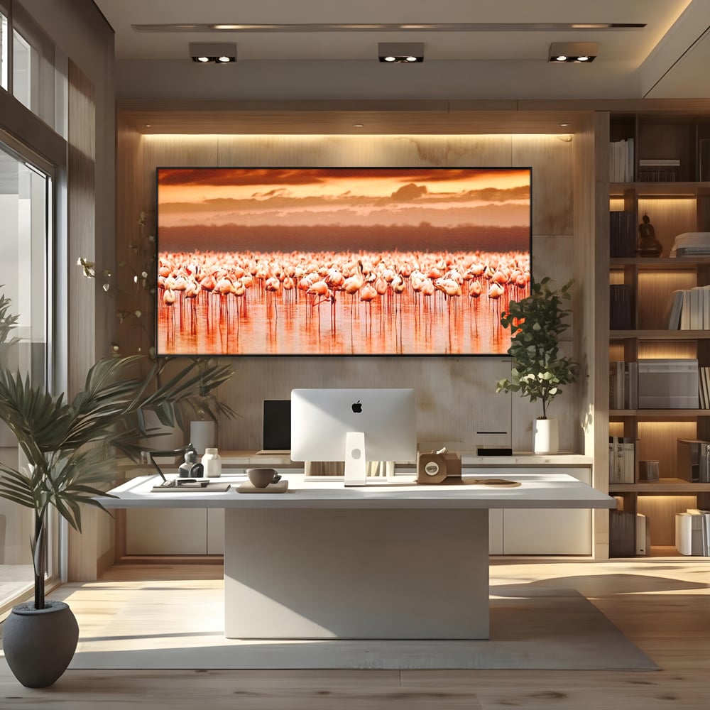 Tablou canvas cu tablou canvas cu stol de flamingo la apus, in rama de aluminiu negru, pe perete intr-un birou