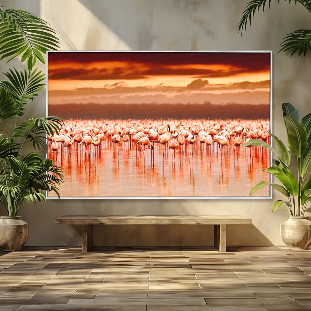 Tablou canvas cu tablou canvas cu stol de flamingo la apus, in rama de aluminiu argintiu