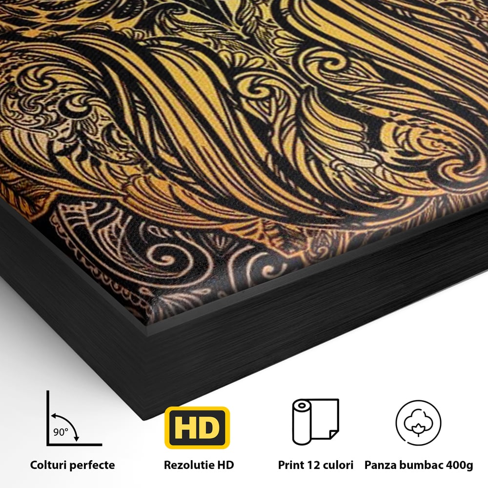 Detaliu al suprafetei: tablou canvas cu bufnita ornamentala, in rama de aluminiu negru