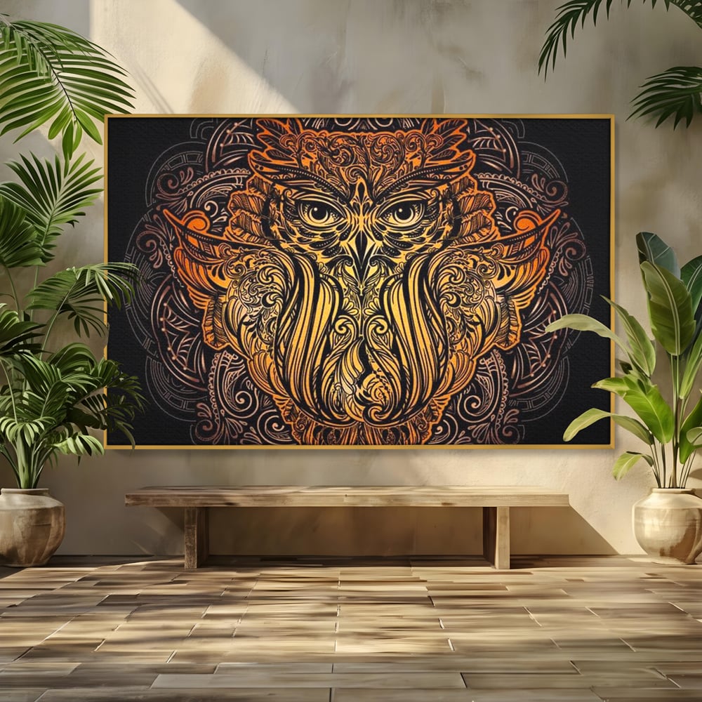 Tablou canvas cu tablou canvas cu bufnita ornamentala, in rama de aluminiu auriu