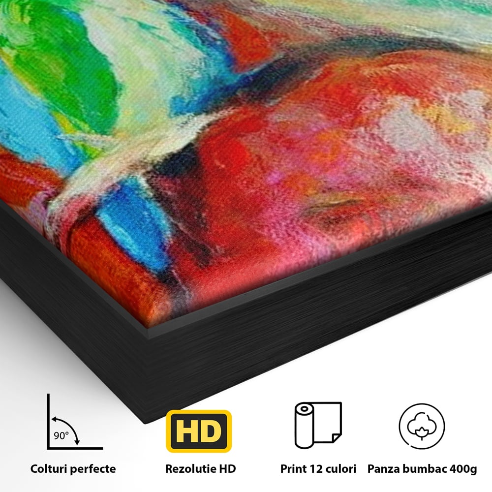 Detaliu al suprafetei: tablou canvas cu doua pasari colorate pe creanga, in rama de aluminiu negru