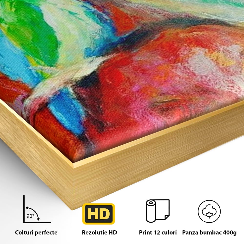 Detaliu al suprafetei: tablou canvas cu doua pasari colorate pe creanga, in rama de aluminiu auriu