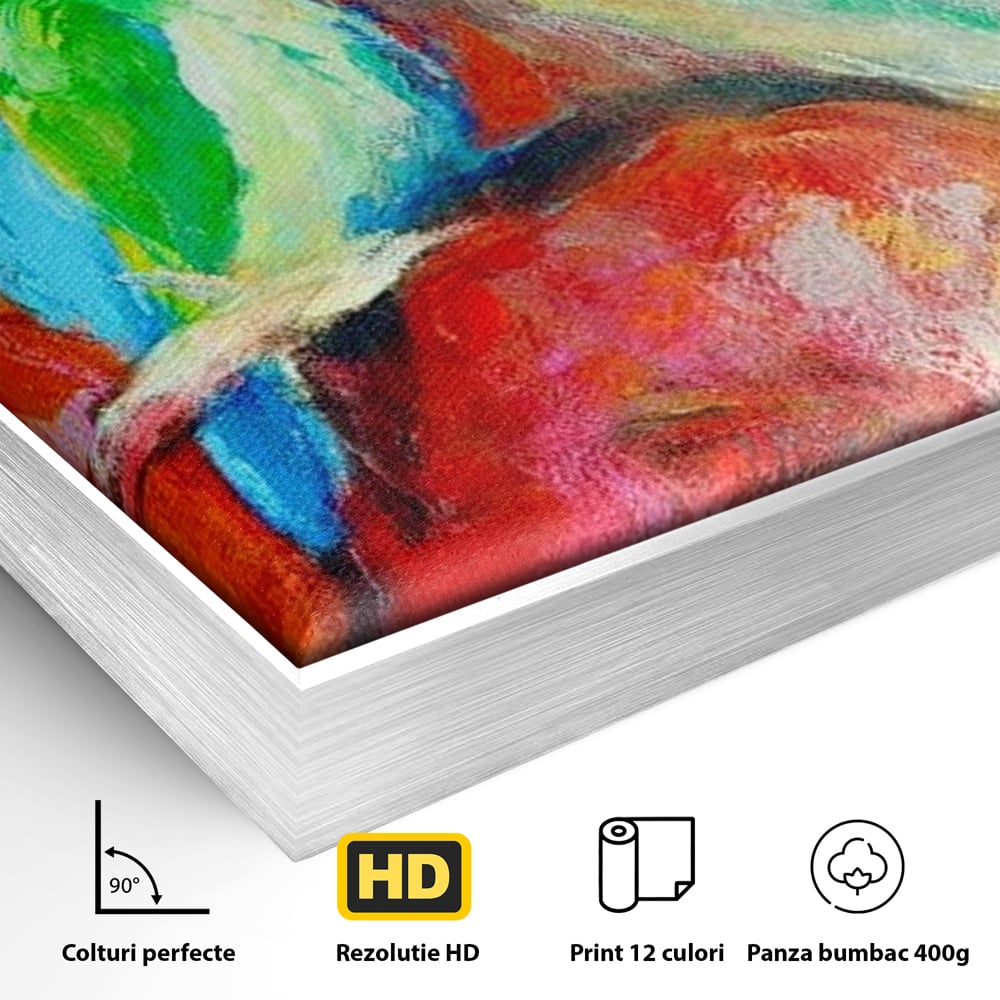 Detaliu al suprafetei: tablou canvas cu doua pasari colorate pe creanga, in rama de aluminiu argintiu