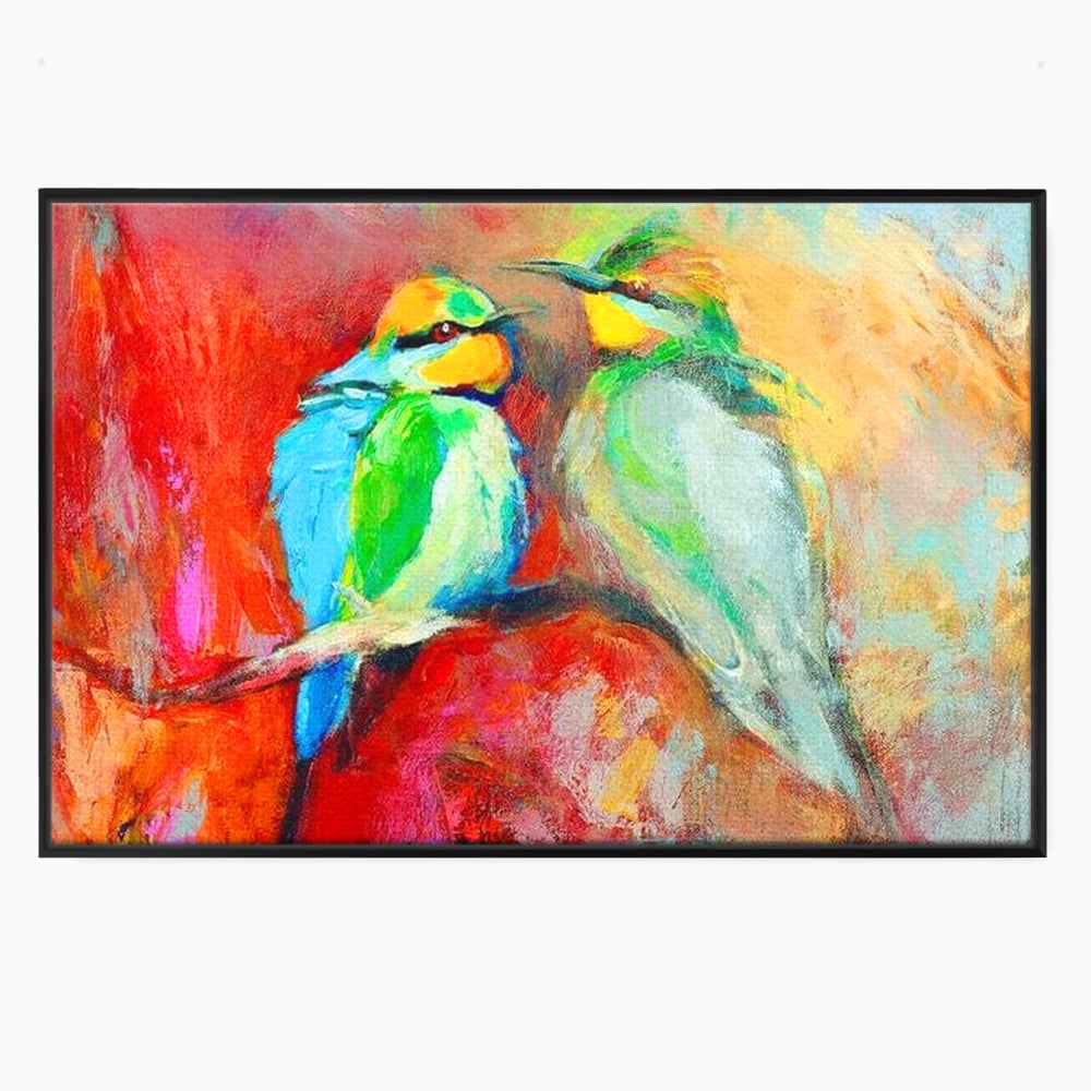 Tablou canvas cu tablou canvas cu doua pasari colorate pe creanga, in rama de aluminiu negru