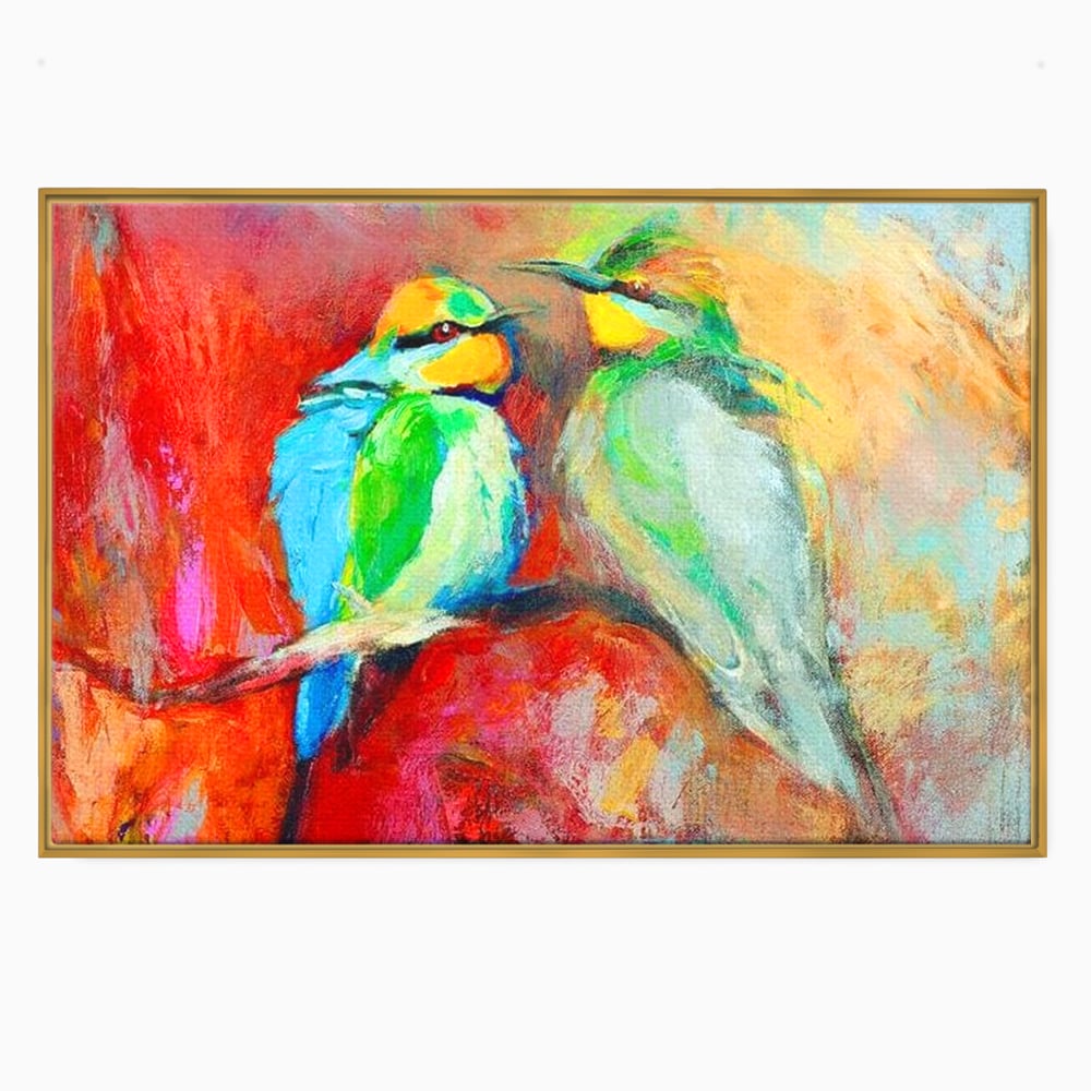 Tablou canvas cu tablou canvas cu doua pasari colorate pe creanga, in rama de aluminiu auriu